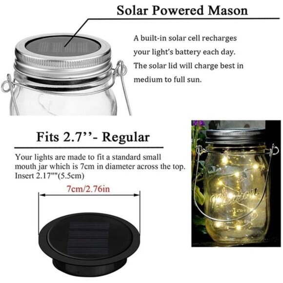 6 Pack Mason Jar Lights, 20 LED Solar Cold White Fairy String Lights Lids - Picture 5 of 8